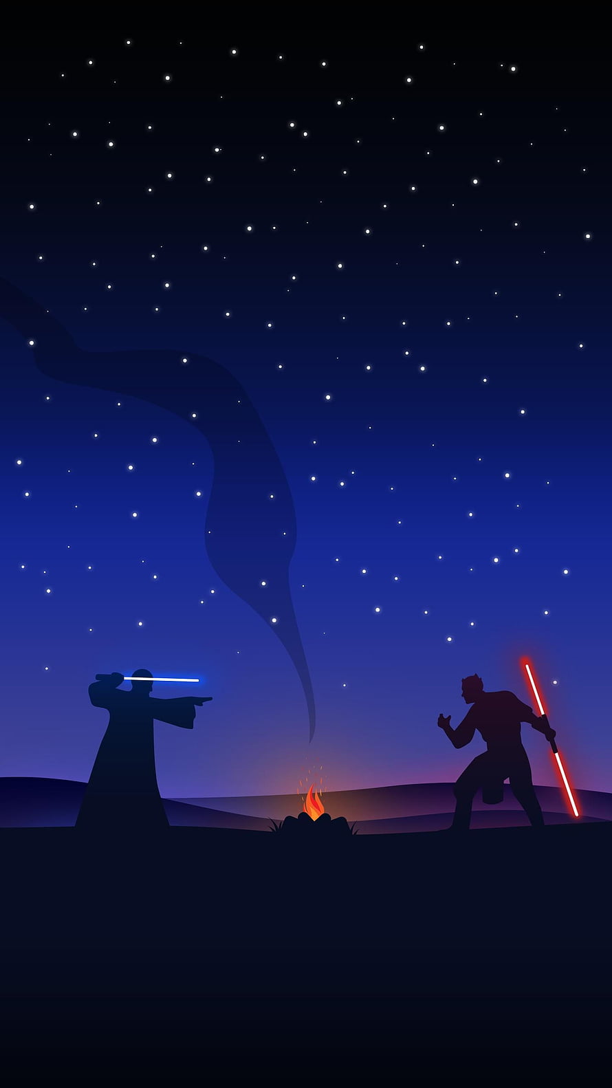 Star Wars Jedi and Sith Silhouette Lightsaber Duel Under Starry Night Sky HD phone wallpaper