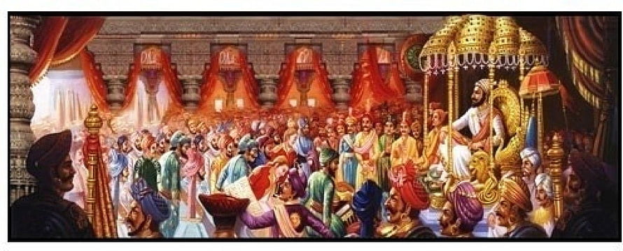 Mughal Emperor Akbar on Golden Throne in Royal Court with Nobles and Courtiers HD wallpaper