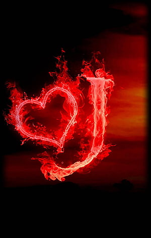Fiery Red Heart and Letter J Flame Artwork on Dark Background HD phone wallpaper
