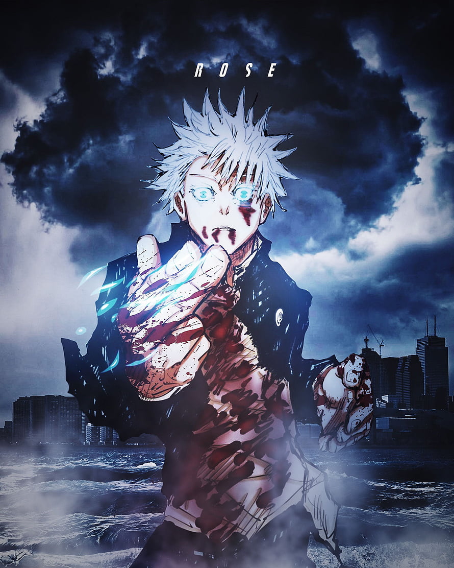 Gojo Satoru from Jujutsu Kaisen with blue cursed energy in a stormy cityscape HD phone wallpaper