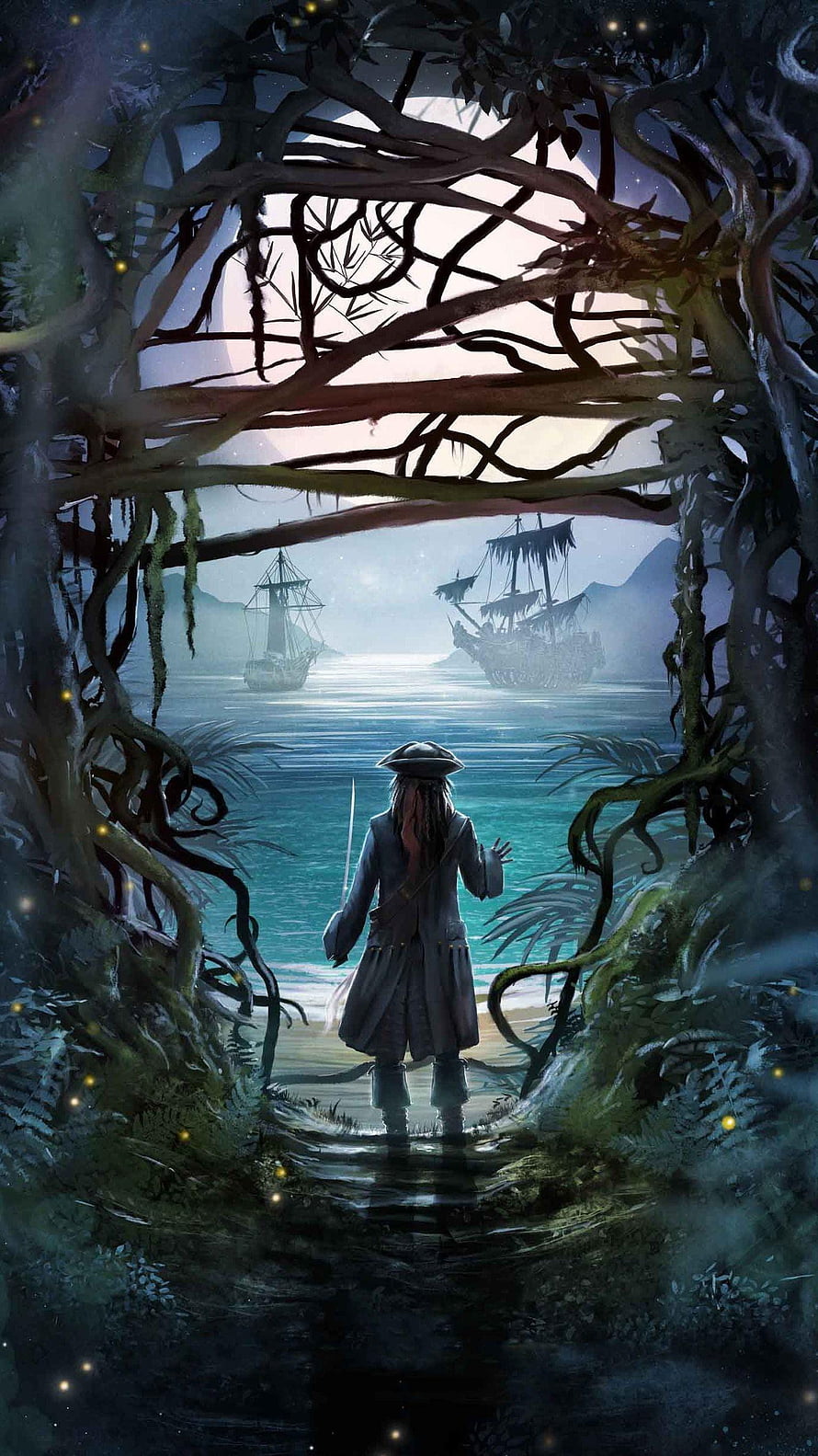 Pirates of the Caribbean: Lone Figure Gazing at Ghost Ships in Moonlit Jungle HD phone wallpaper