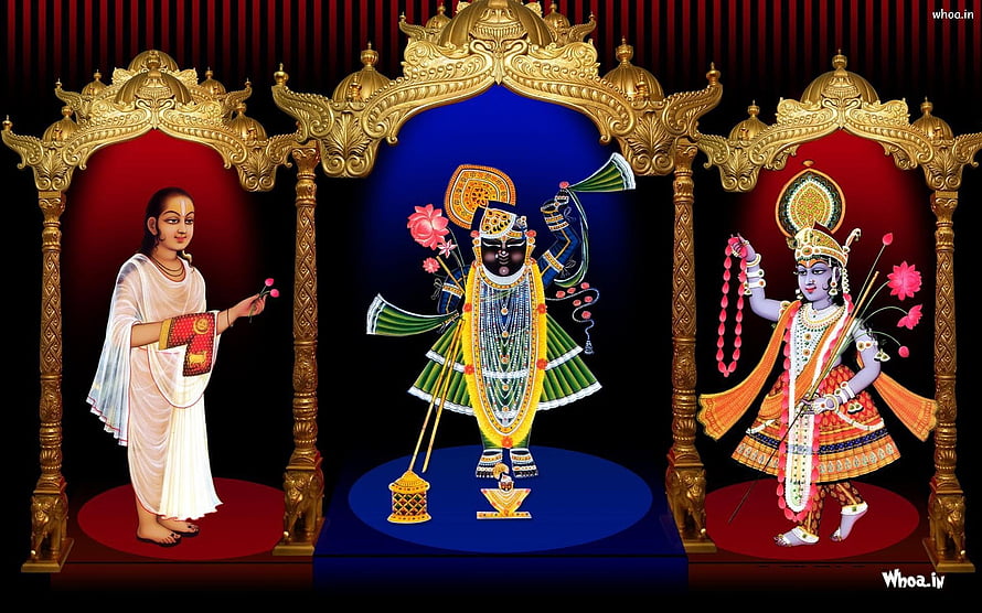 Shree Nathji, Yamunaji, and Mahaprabhuji in ornate golden temple arches HD wallpaper
