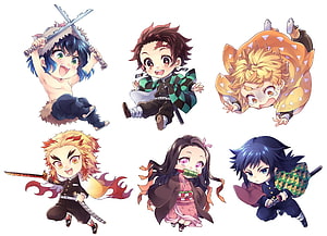 Chibi Demon Slayer Characters Collection Featuring Tanjiro, Nezuko, Zenitsu, Inosuke, Rengoku, and Giyu HD wallpaper