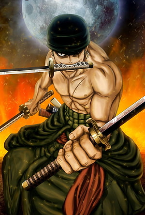 Roronoa Zoro Wielding Three Swords Under a Full Moon in One Piece Anime Art HD phone wallpaper