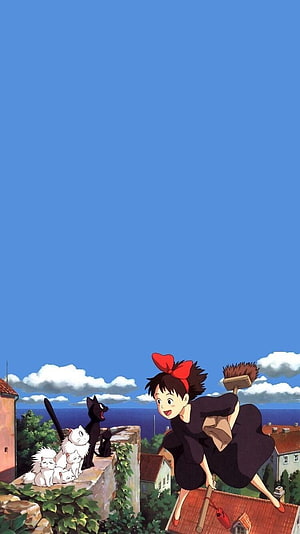 Kiki's Delivery Service: Kiki Flying on Broomstick Over Coastal Town with Jiji and Cats HD phone wallpaper