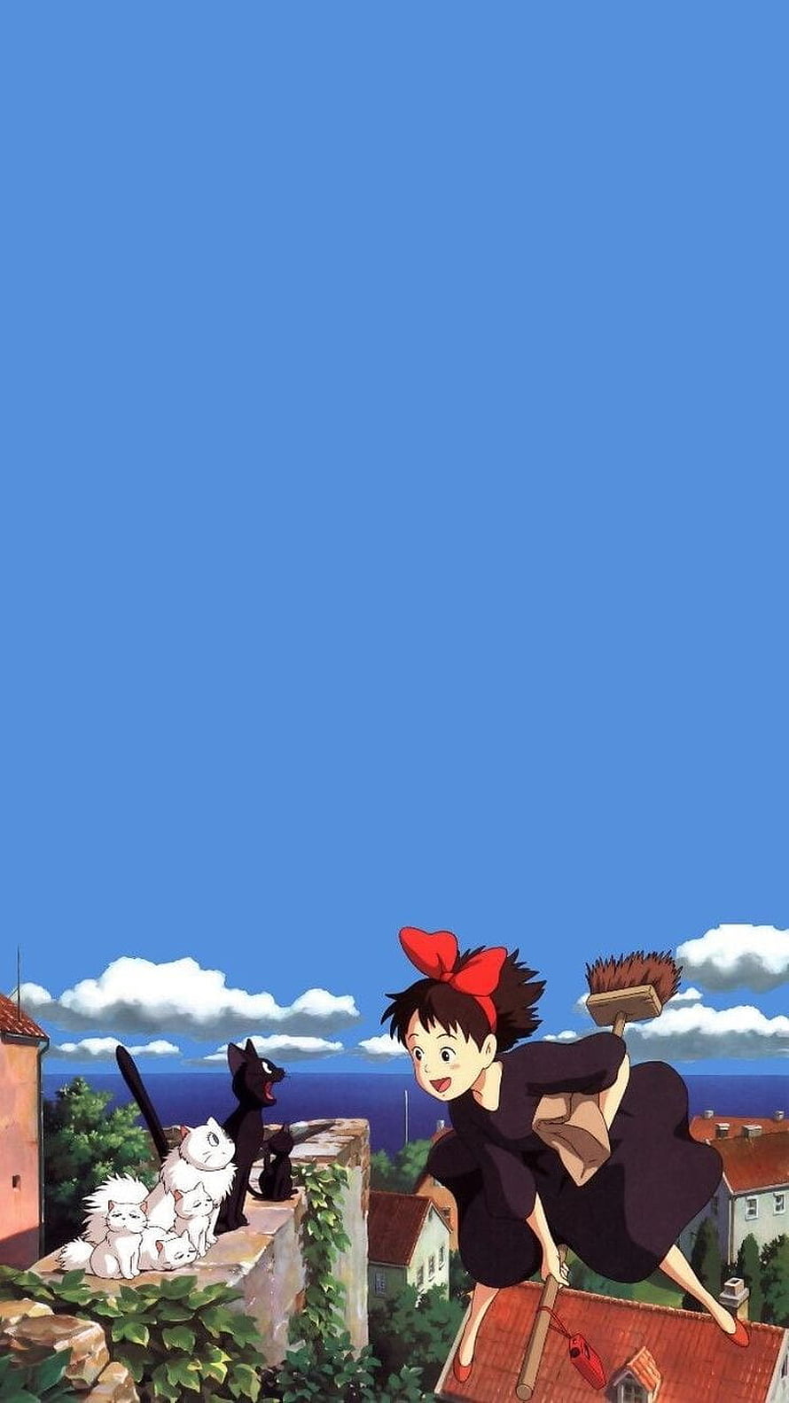 Kiki's Delivery Service: Kiki Flying on Broomstick Over Coastal Town with Jiji and Cats HD phone wallpaper