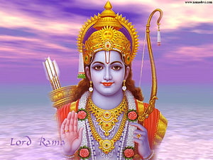Lord Rama Digital Art with Bow and Arrows Against a Purple Sunset Sky HD wallpaper