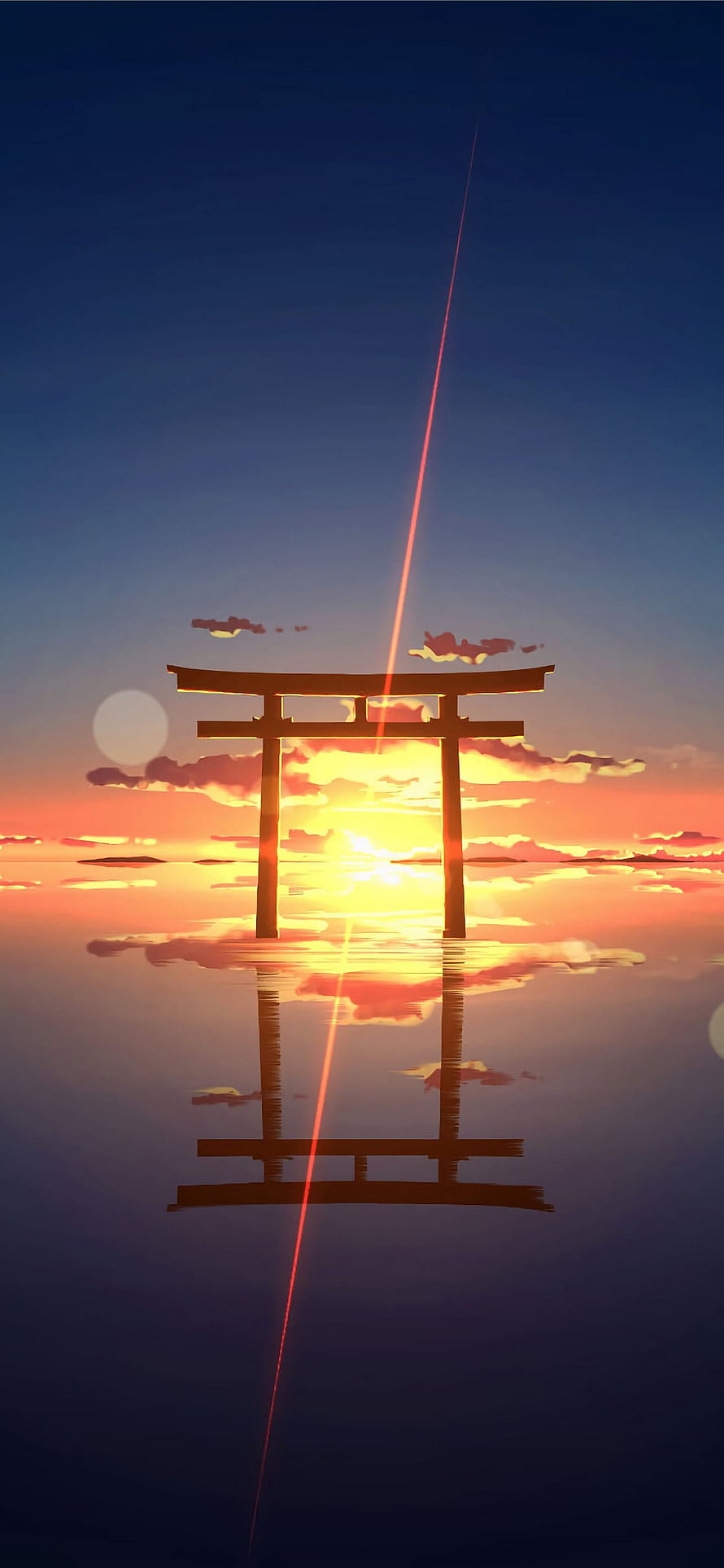Silhouette of a Japanese Torii Gate at Sunset with Water Reflection and Lens Flare HD phone wallpaper