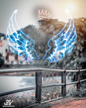 Glowing Blue Angel Wings And Crown Overlay On Scenic Bridge Background HD phone wallpaper