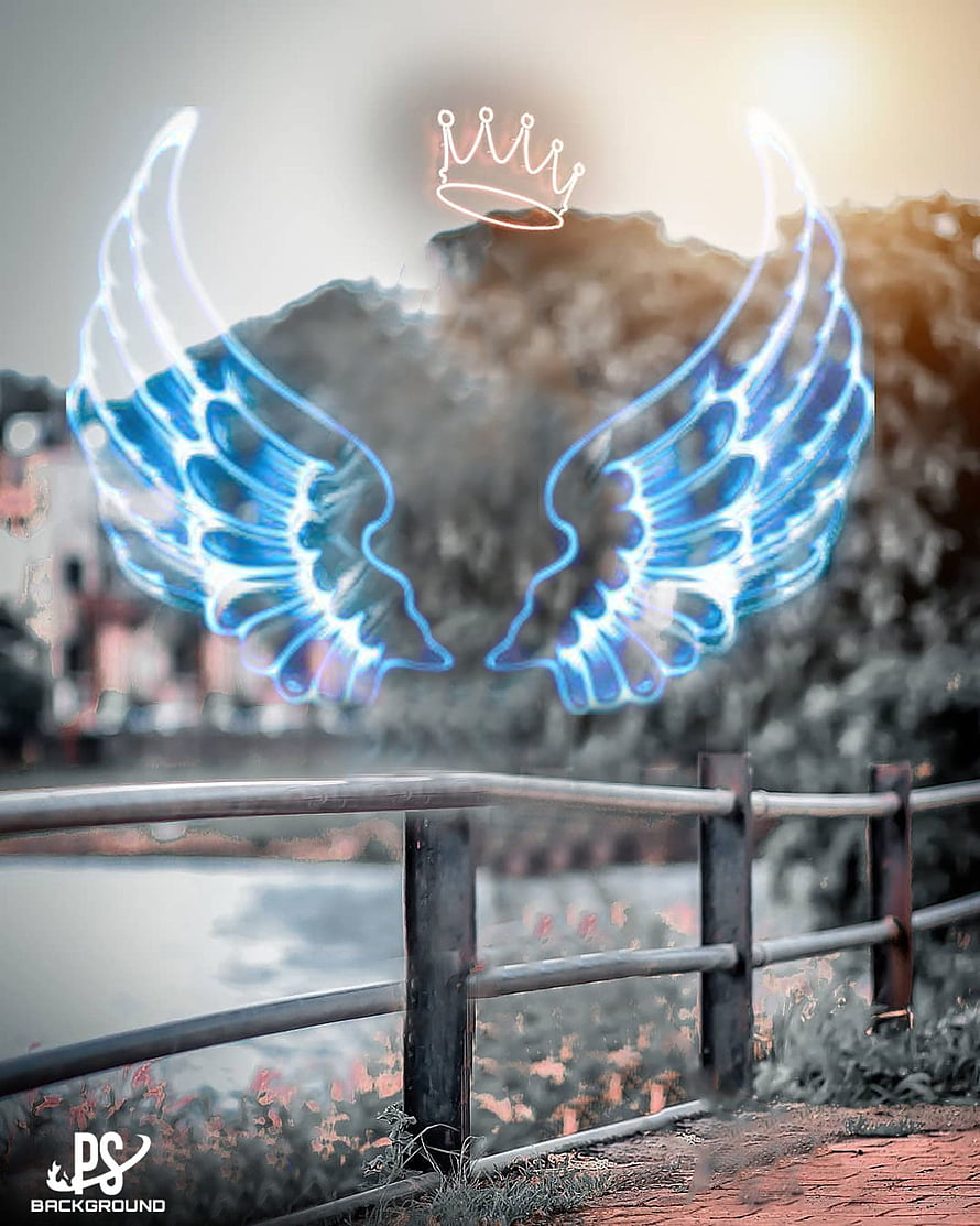 Glowing Blue Angel Wings And Crown Overlay On Scenic Bridge Background HD phone wallpaper