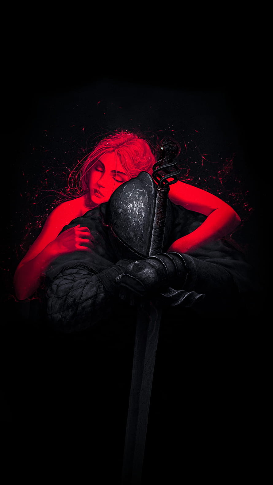 Red-Haired Woman Sleeping on Knight's Shoulder with Sword, 1080x1920] Dark Souls : Amoledbackgrounds, android oled black HD phone wallpaper