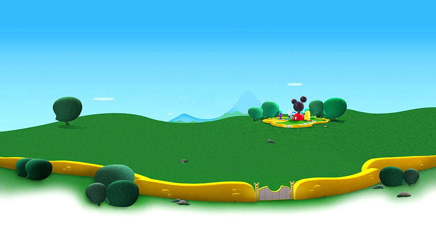 Mickey Mouse Clubhouse Cartoon Landscape with Rolling Green Hills and Yellow Fence HD wallpaper