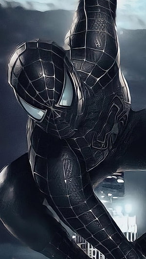 Spider-Man in Black Symbiote Suit with Dramatic Lighting and Dark Urban Atmosphere, Spider Man with black suit Ultra ID:7825, black costume spider man HD phone wallpaper