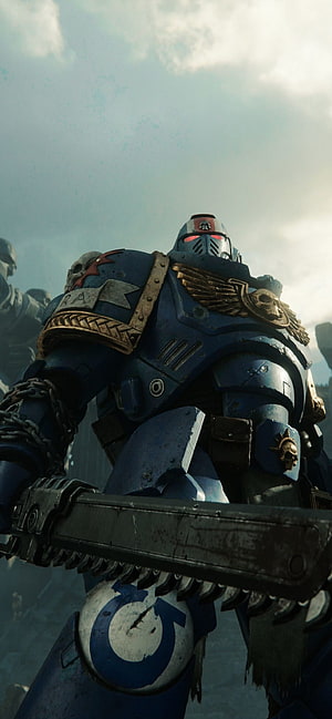 Warhammer 40K Space Marine 2 Ultramarine Power Armor and Chainsword Close-Up HD phone wallpaper