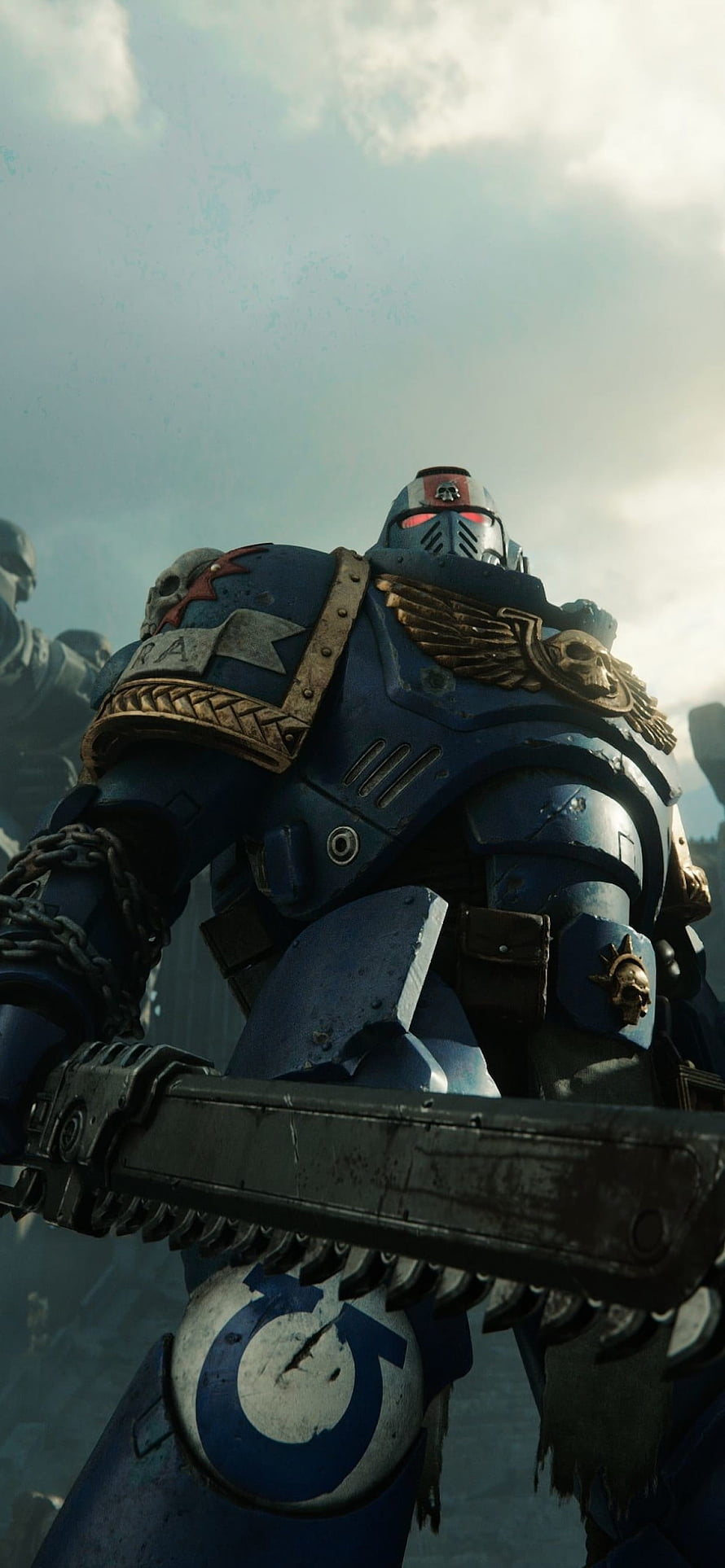 Warhammer 40K Space Marine 2 Ultramarine Power Armor and Chainsword Close-Up HD phone wallpaper