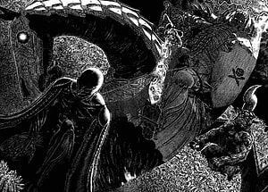 Berserk manga art featuring Guts and Griffith in a dark fantasy battle scene, Berserk, manga panels HD wallpaper