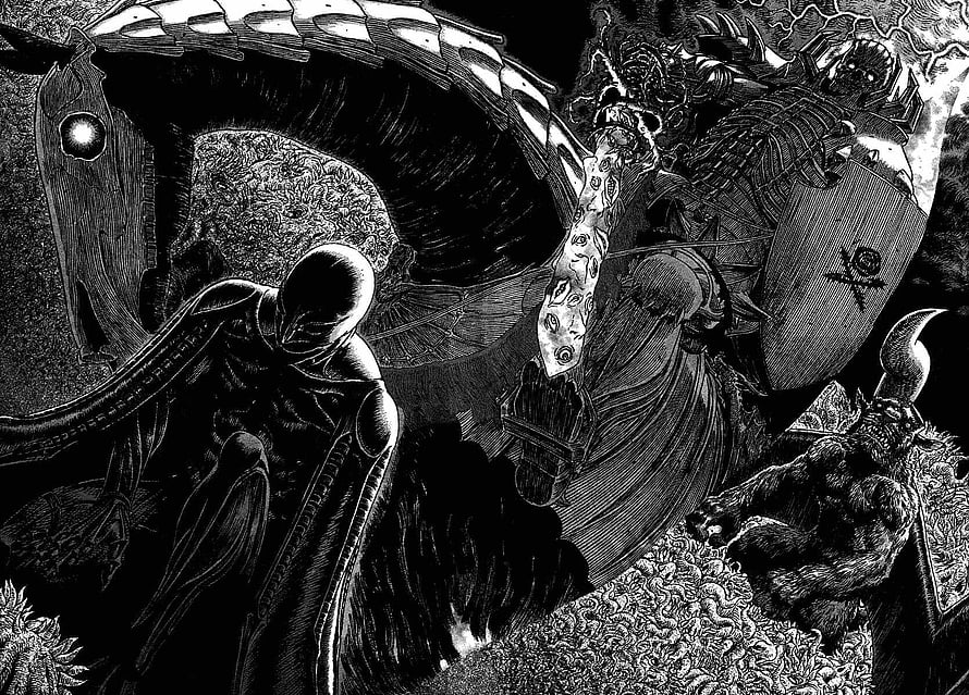 Berserk manga art featuring Guts and Griffith in a dark fantasy battle scene, Berserk, manga panels HD wallpaper