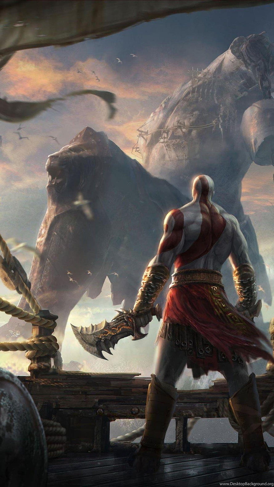 Kratos with Blades of Chaos facing giant stone lion statue on ship deck HD phone wallpaper