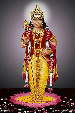 Lord Ayyappa Standing on Lotus with Sacred Staff and Golden Jewelry HD phone wallpaper