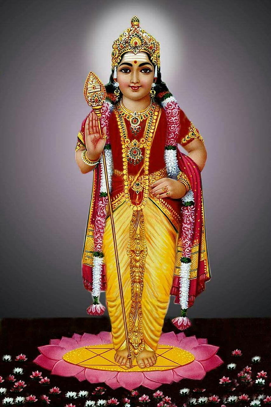Lord Ayyappa Standing on Lotus with Sacred Staff and Golden Jewelry HD phone wallpaper