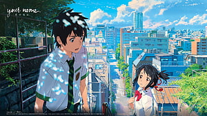 Your Name Anime Wallpaper Featuring Taki and Mitsuha in a Vibrant Cityscape HD wallpaper