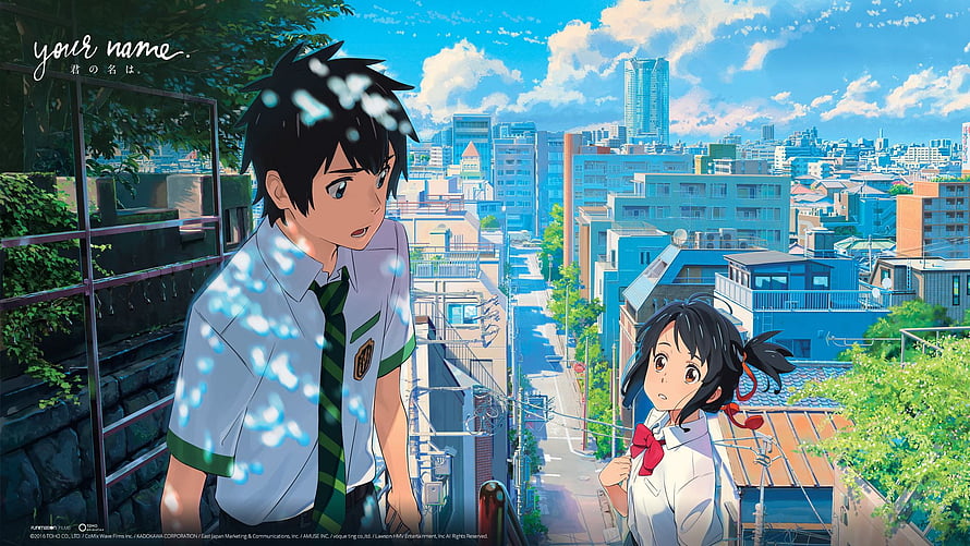 Your Name Anime Wallpaper Featuring Taki and Mitsuha in a Vibrant Cityscape HD wallpaper