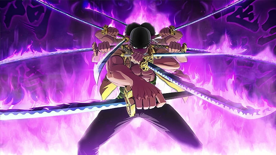 Roronoa Zoro Wielding Nine Swords in Purple Flame Aura HD wallpaper