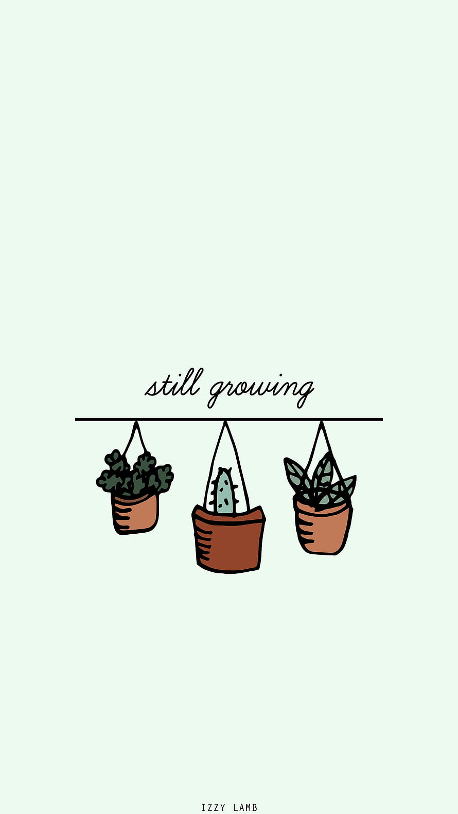 Minimalist Hanging Plant Illustration with Still Growing Text on Mint Background HD phone wallpaper