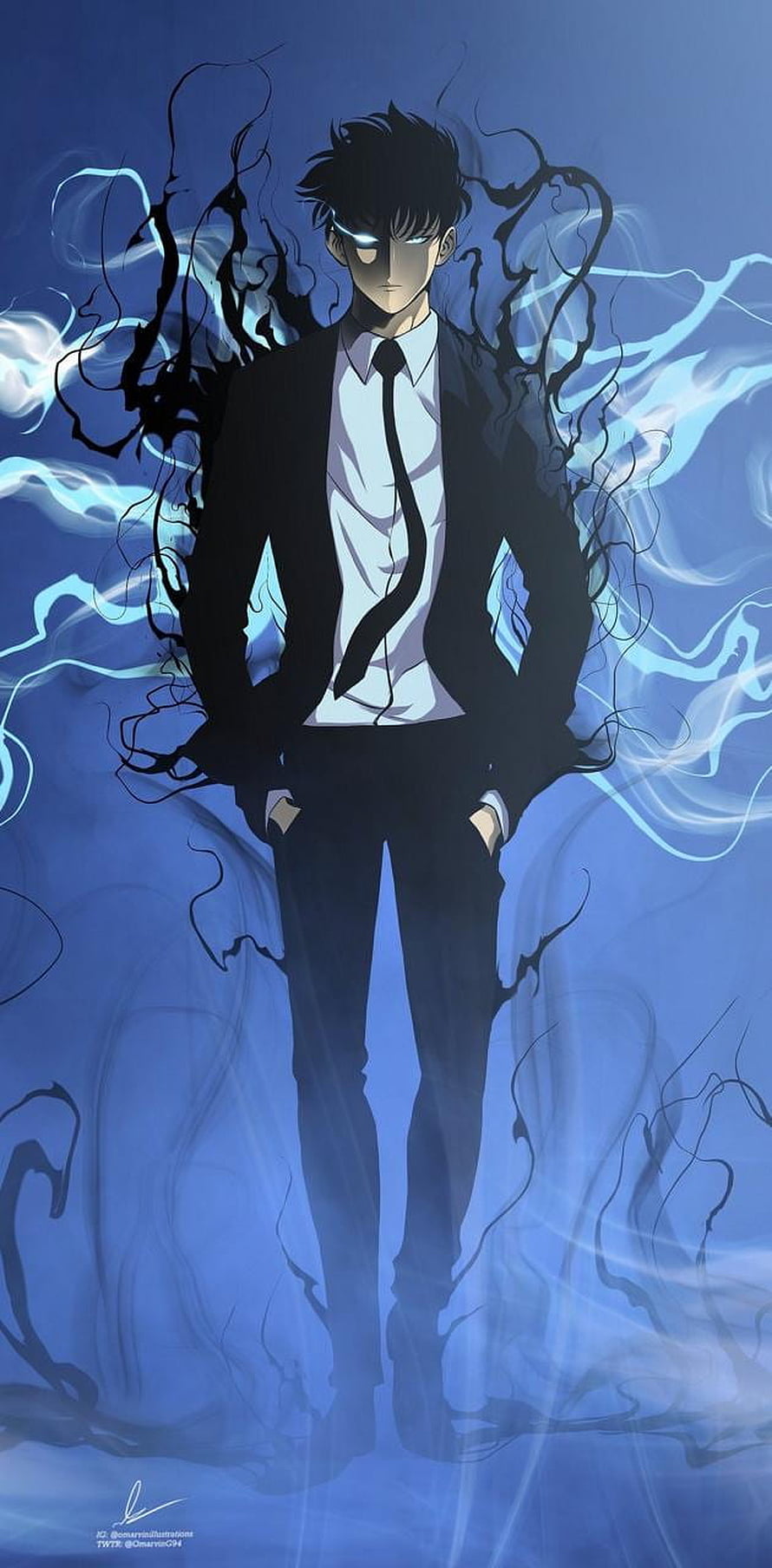Sung Jin Woo in a dark suit with glowing eyes and swirling blue energy aura HD phone wallpaper
