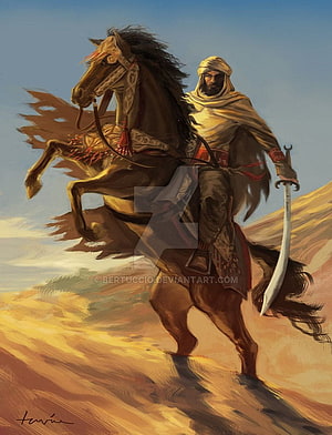 Arab Warrior on Horseback in Desert Landscape HD phone wallpaper