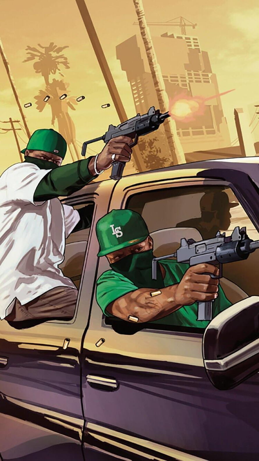 GTA San Andreas Car Gunfight Illustration with Masked Characters in Green Caps HD phone wallpaper