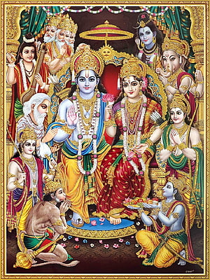 Vibrant Hindu Deities Artwork Featuring Rama Sita Hanuman and Ganesha in Traditional Attire, Lord Ram Darbar, lord ram mobile HD phone wallpaper
