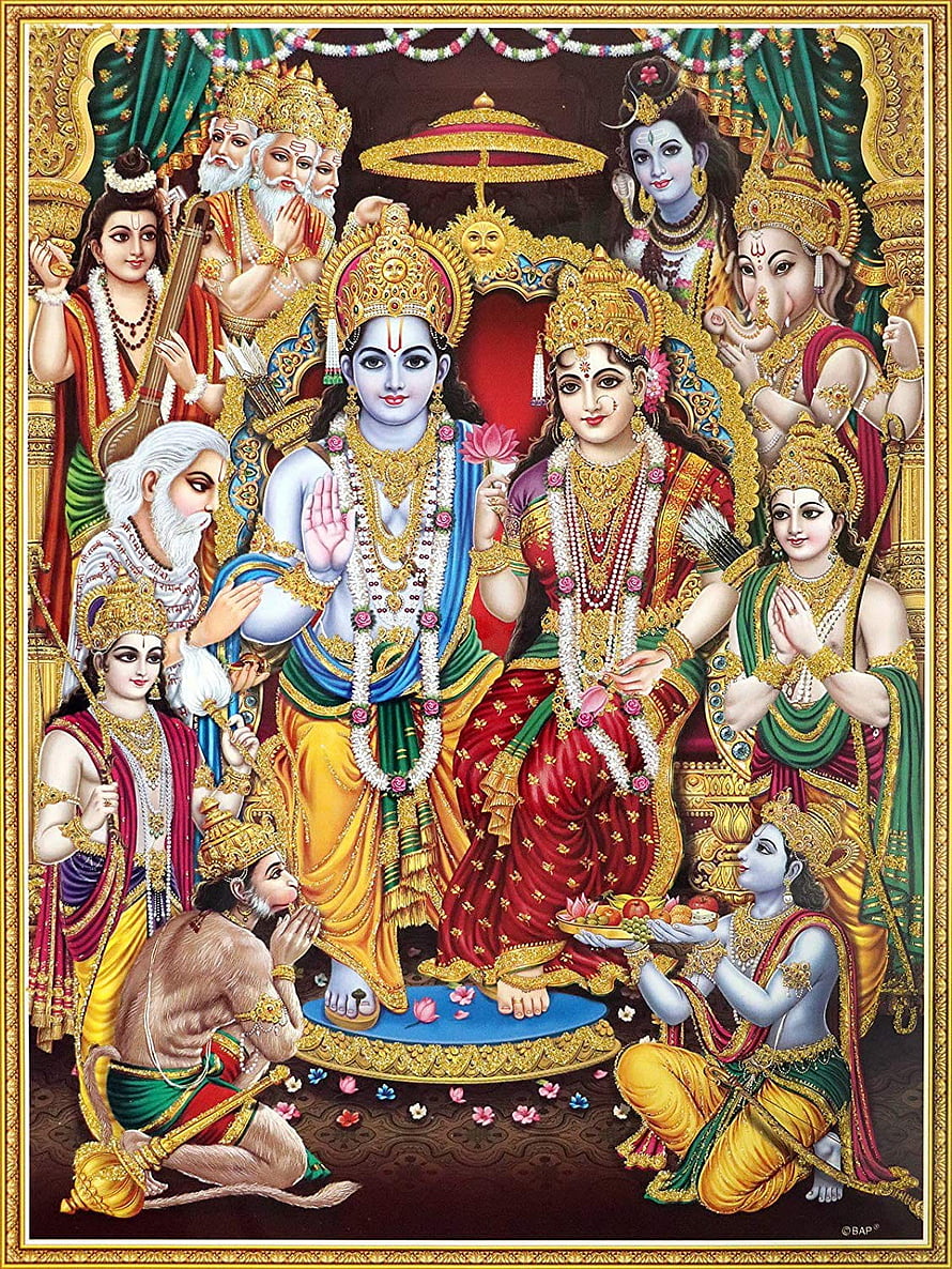 Vibrant Hindu Deities Artwork Featuring Rama Sita Hanuman and Ganesha in Traditional Attire, Lord Ram Darbar, lord ram mobile HD phone wallpaper