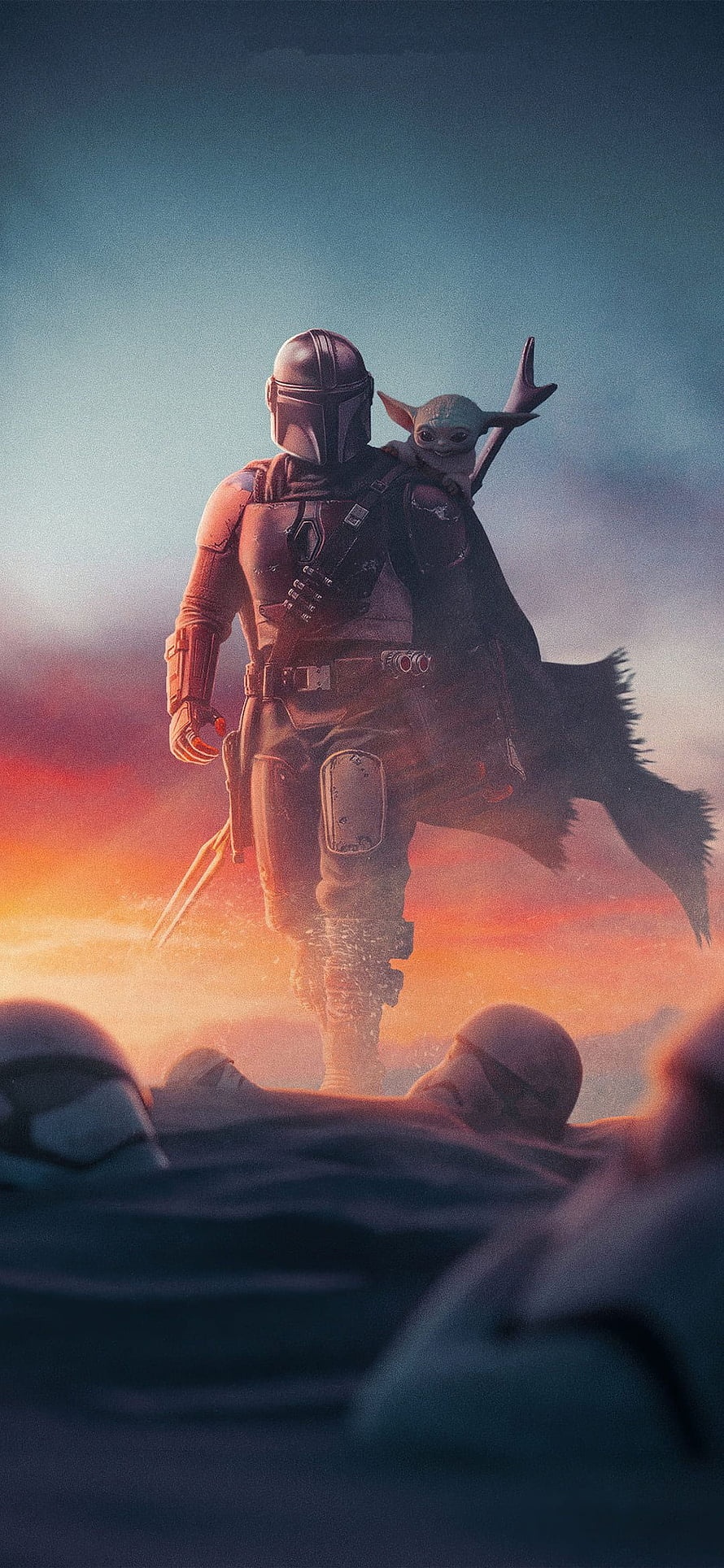 The Mandalorian and Grogu Walking Through a Dusty Sunset Landscape HD phone wallpaper