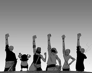 One Piece Straw Hat Crew Silhouettes Raising Fists in Alabasta HD wallpaper