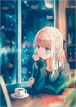 Anime Girl With Blonde Hair Sitting In A Cozy Cafe Drinking Coffee By The Window HD phone wallpaper