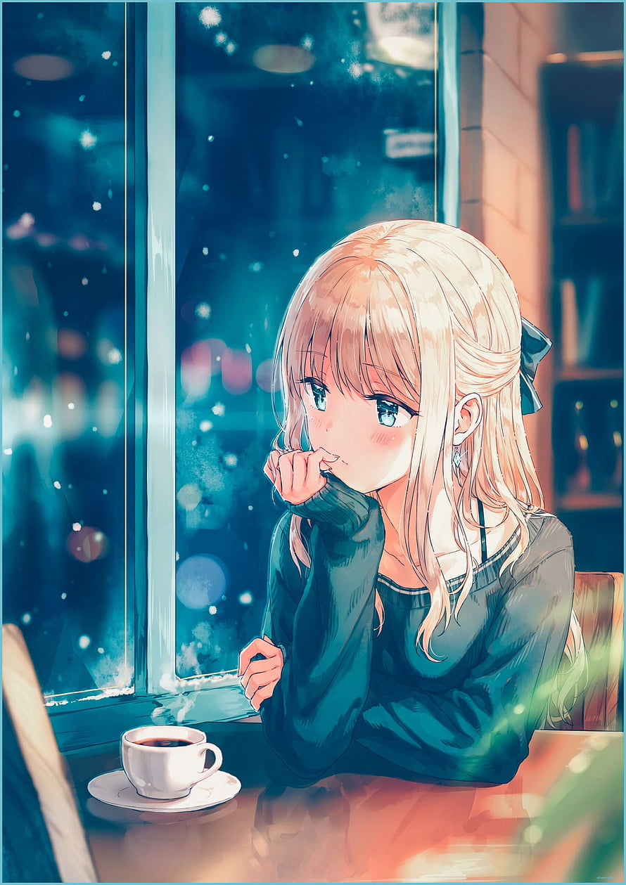 Anime Girl With Blonde Hair Sitting In A Cozy Cafe Drinking Coffee By The Window HD phone wallpaper