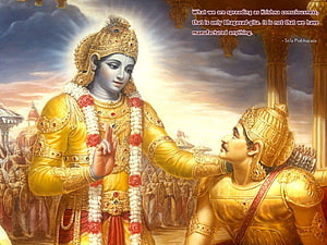 Krishna and Arjuna on the Battlefield of Kurukshetra in Traditional Indian Painting HD wallpaper
