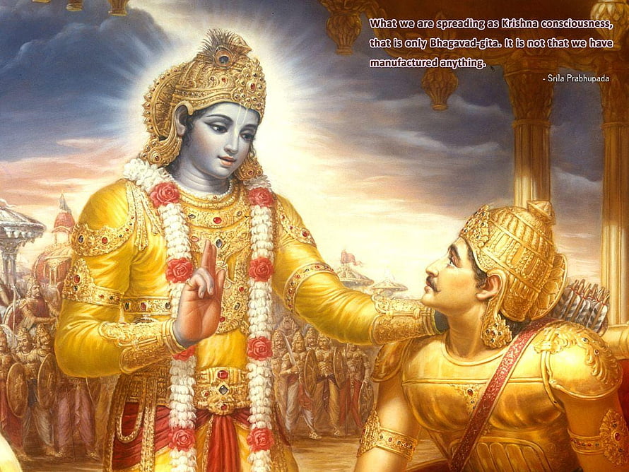Krishna and Arjuna on the Battlefield of Kurukshetra in Traditional Indian Painting HD wallpaper