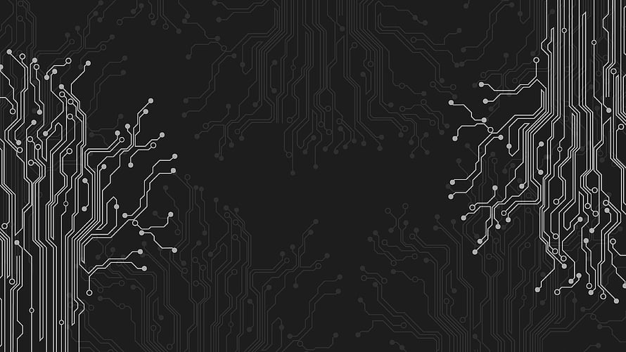 Dark Minimalist Circuit Board Pattern with White Traces and Nodes on Black Background HD wallpaper