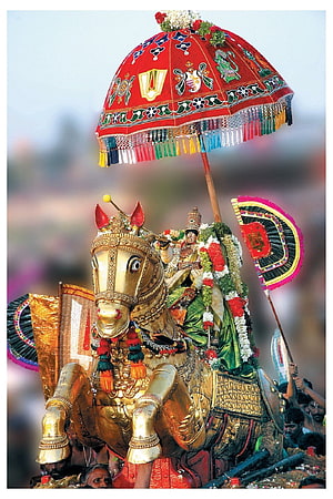 Golden Horse Statue of Lord Ayyappa with Red Umbrella in Festival Procession HD phone wallpaper