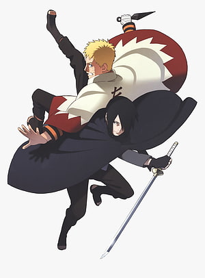 Naruto and Sasuke in Dynamic Combat Pose with Sword and Kunai HD phone wallpaper