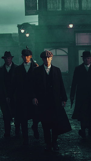 Peaky Blinders Gang Walking Through Foggy Victorian Street at Night HD phone wallpaper