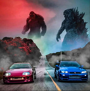 Nissan GT-R and Toyota Supra Racing with Godzilla and King Kong in Background HD phone wallpaper