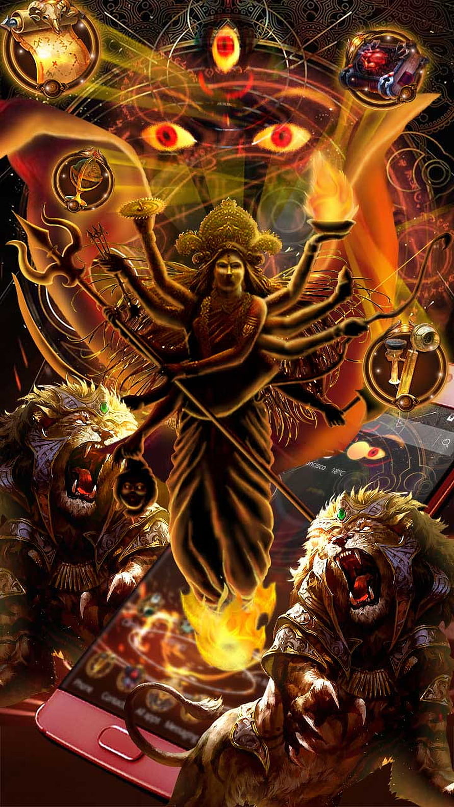 Multi-Armed Hindu Deity with Lions and Trishul on Smartphone Screen HD phone wallpaper