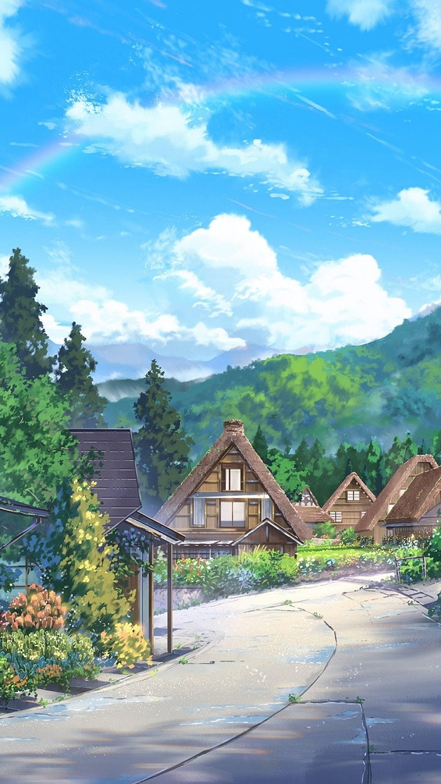 Serene Japanese Village Landscape with Thatched Roofs and Lush Green Hills HD phone wallpaper