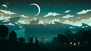 Genshin Impact Minimalist Night Landscape with Crescent Moon and Distant Castle HD wallpaper