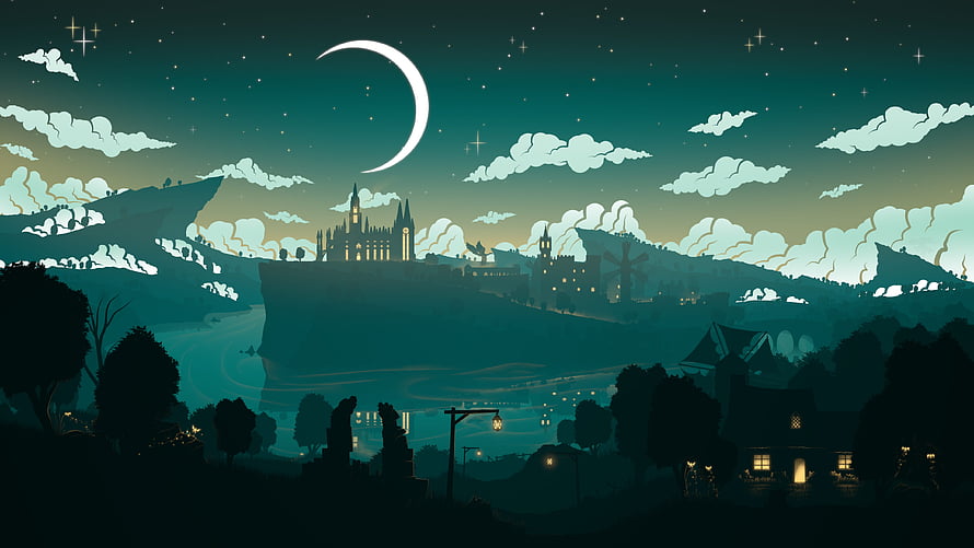 Genshin Impact Minimalist Night Landscape with Crescent Moon and Distant Castle HD wallpaper