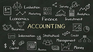 Accounting concept chalkboard with business finance icons and economic terms HD wallpaper