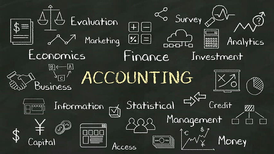 Accounting concept chalkboard with business finance icons and economic terms HD wallpaper